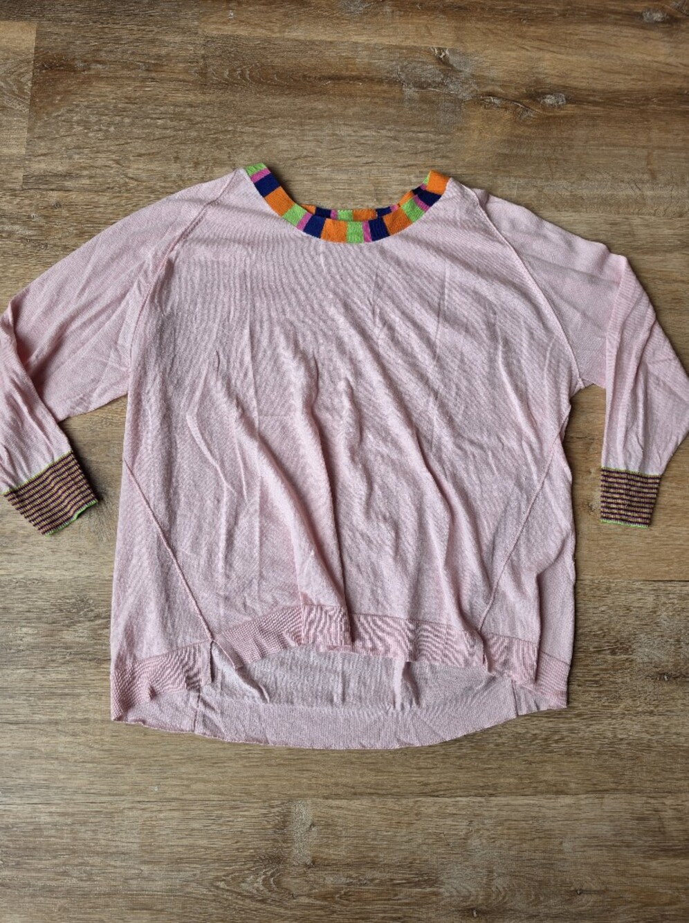 Zaket & Plover Light Pink Knit Pullover Sweater with Rainbow Trim Size XL